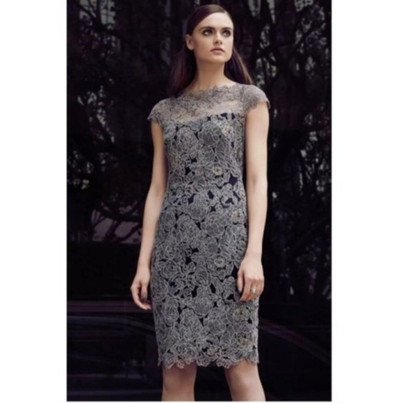 NWT Tadashi Shoji Rose Motif Lace Metallic Cocktail Dress Size 8 - Picture 2 of 14